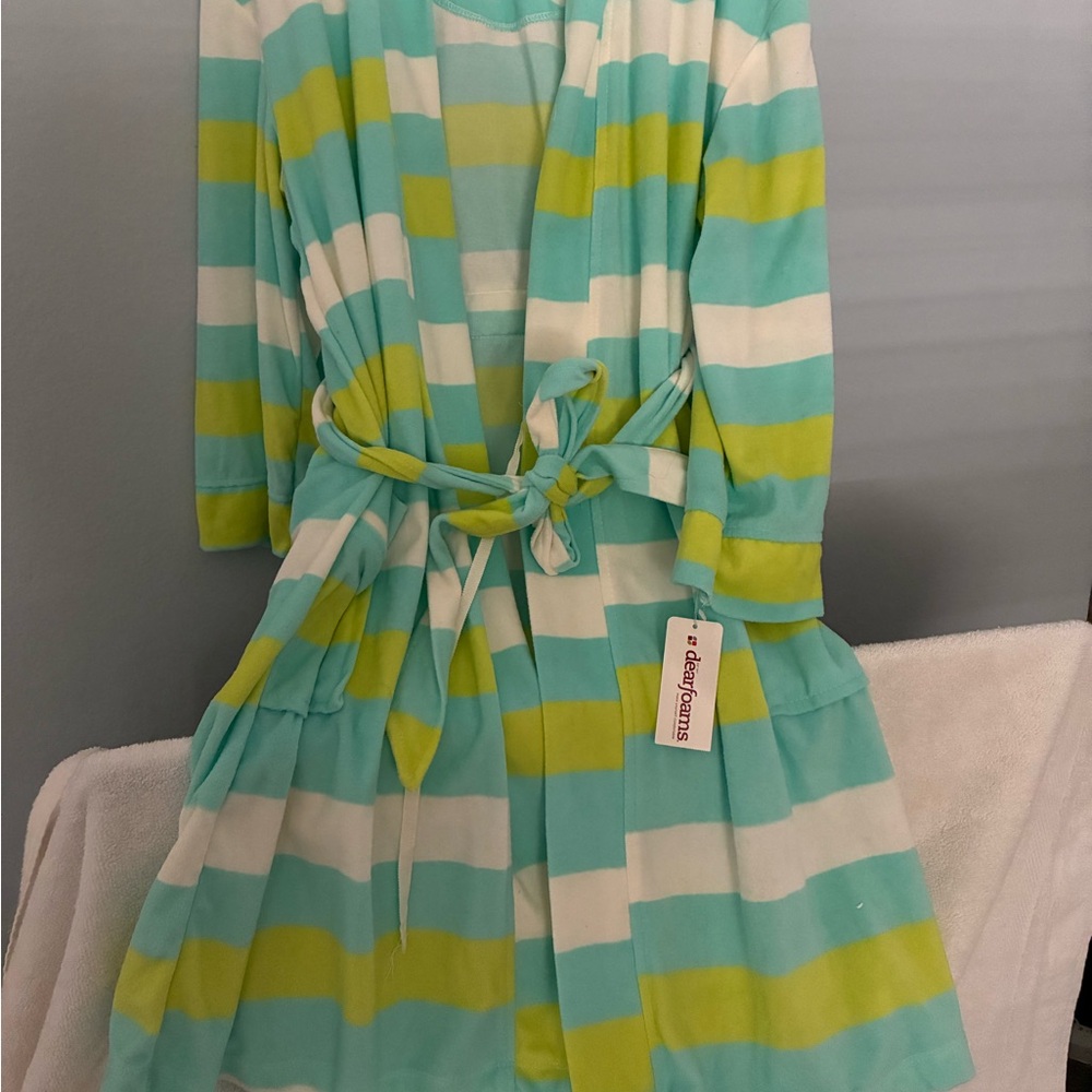 Dearfoams Striped Robe - Aqua, Lime, and White
